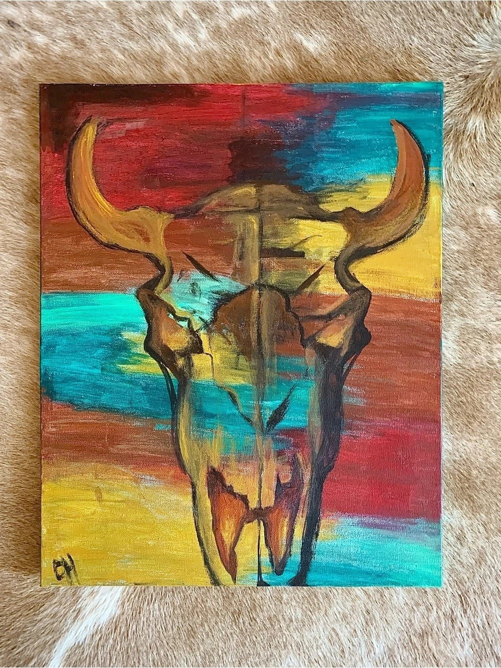Longhorn Bull Painting in Brown & Turquoise